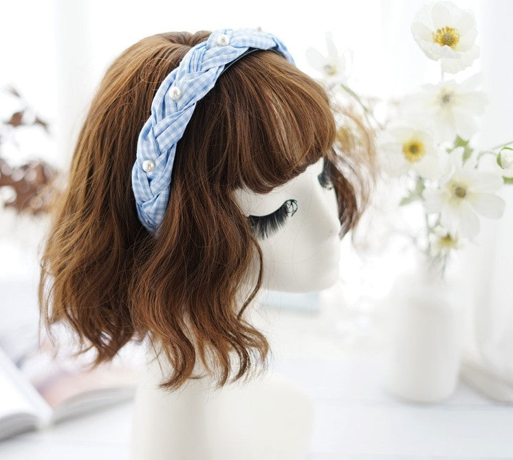 Gingham braided headband with white pearls