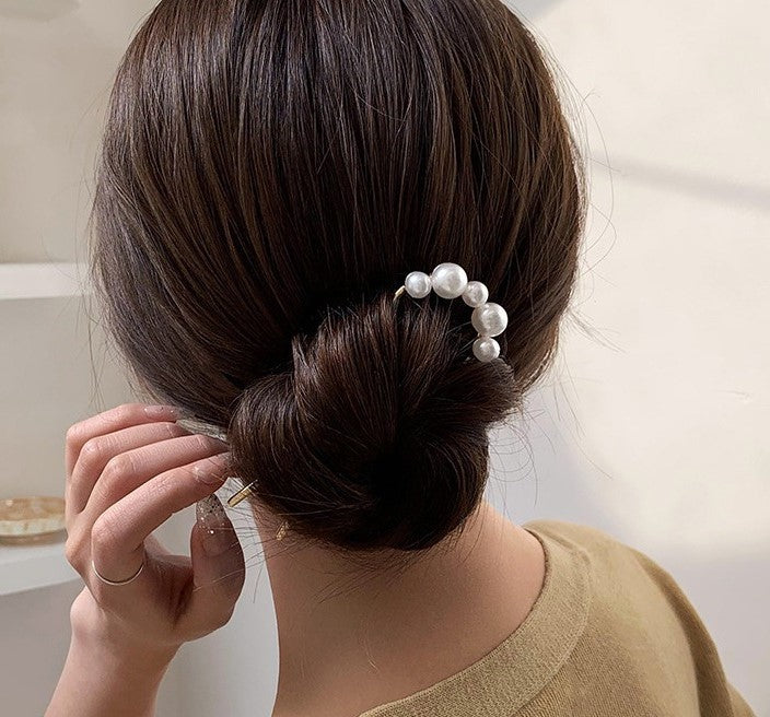 White pearl metal hair fork / French hair pin