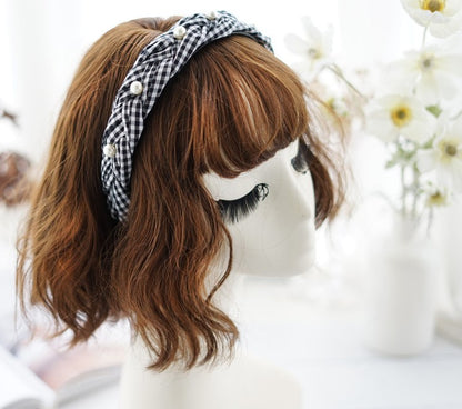 Gingham braided headband with white pearls