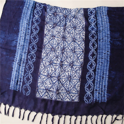 Ethnic style navy white tie-dye  print large scarf with tassels