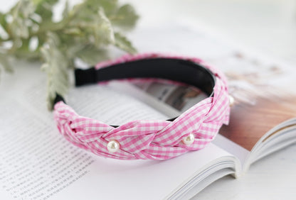 Gingham braided headband with white pearls