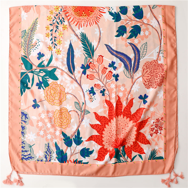 Spring floral prints scarf with tassels