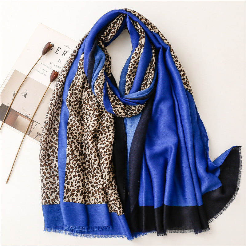 Mixed hot stamped leopard print fringed scarf