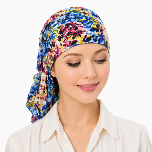 Multicoloured hair cap with tail
