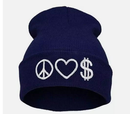 PEACE LOVE MONEY knitted beanie