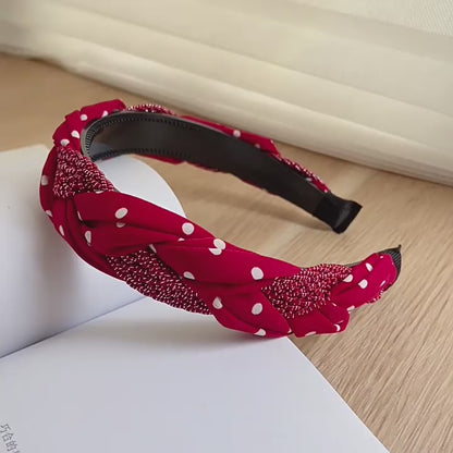 Braided top headband in mixed red polka dots