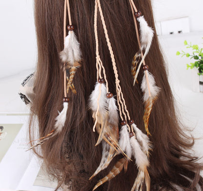 Multi-layer braided suede band with brown feathers