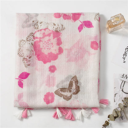 White pink butterflies and flowers scarf with tassels