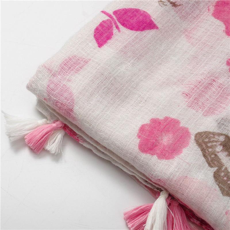 White pink butterflies and flowers scarf with tassels