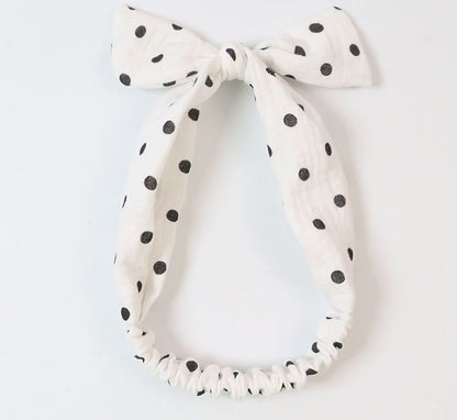 Black polka dots white cotton elastic headband