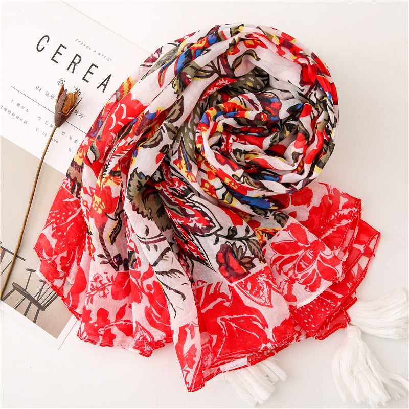 Red floral printed square scarf with white tassels