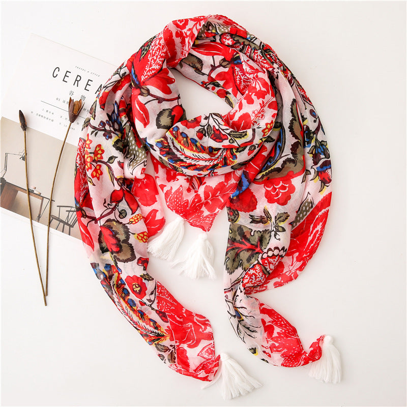 Red floral printed square scarf with white tassels