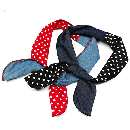 Plain jeans mixed with sweet hearts printed cotton twist hair scarf
