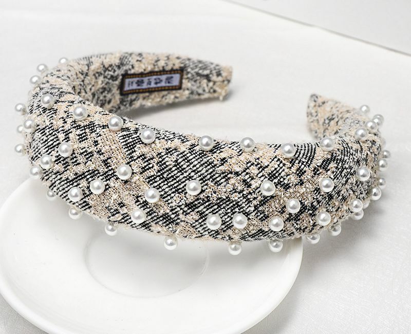 Plaid Tweed padded headband with pearls