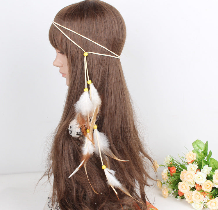 Yellow beads brown feather tie