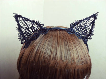 Floral black lace cat ears headband