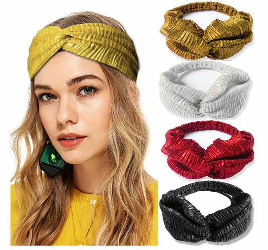 Twist front metallic glossy elastic headband