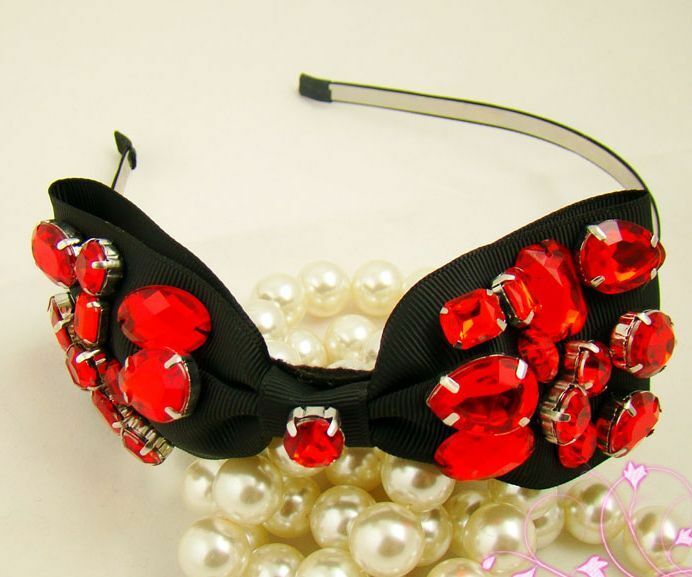 Stunning red gems studded black bow headband