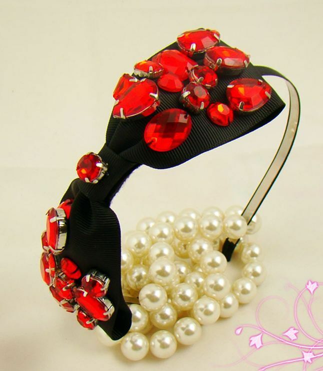 Stunning red gems studded black bow headband