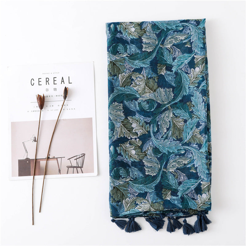 Teal green leaves print scarf with tassels