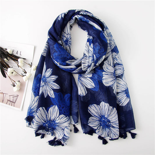 White flowers print navy long scarf with tassels