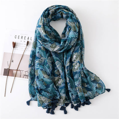 Teal green leaves print scarf with tassels