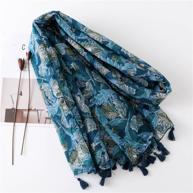 Teal green leaves print scarf with tassels