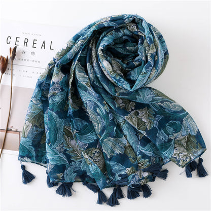 Teal green leaves print scarf with tassels