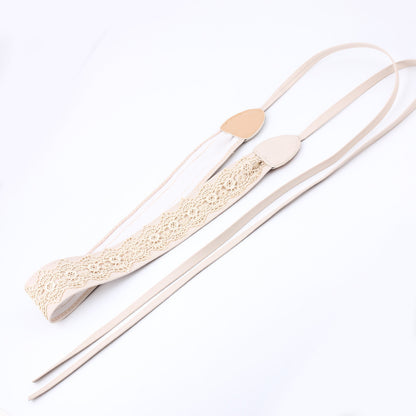 Lace leather wide ribbon tie-up belt