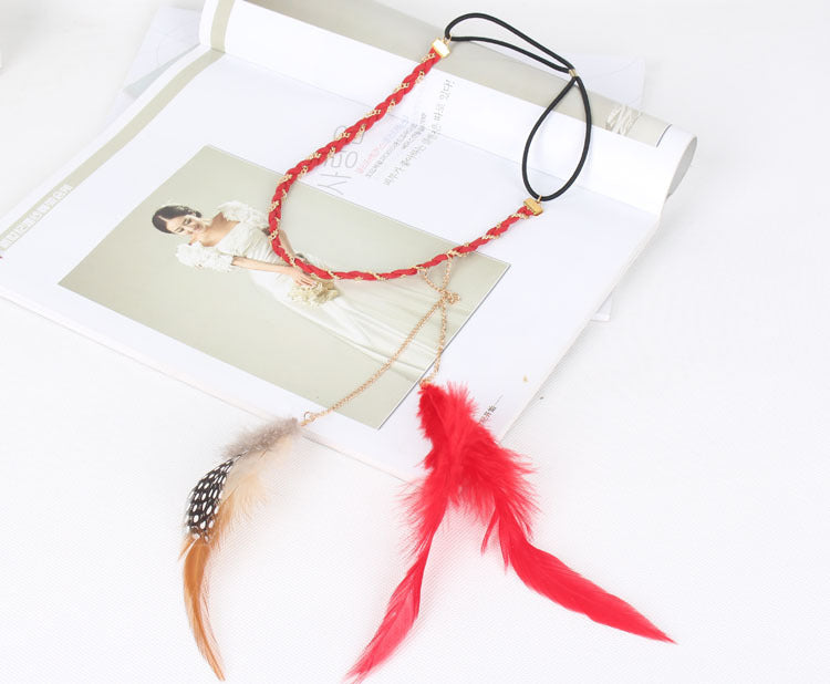 Gold chain red feather elastic headband