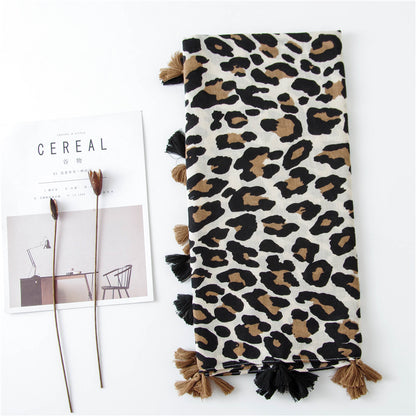 Large leopard print scarf with tassels