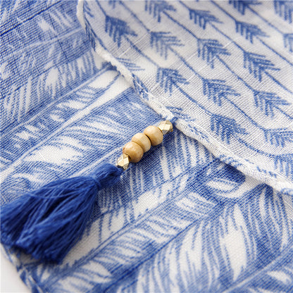 Multipattern blue long scarf with beaded tassels