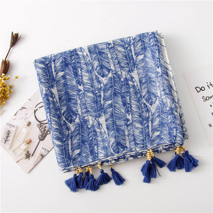 Multipattern blue long scarf with beaded tassels