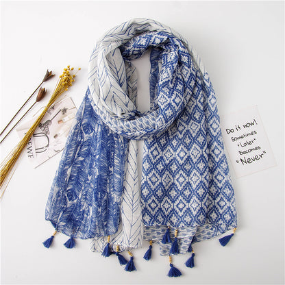 Multipattern blue long scarf with beaded tassels