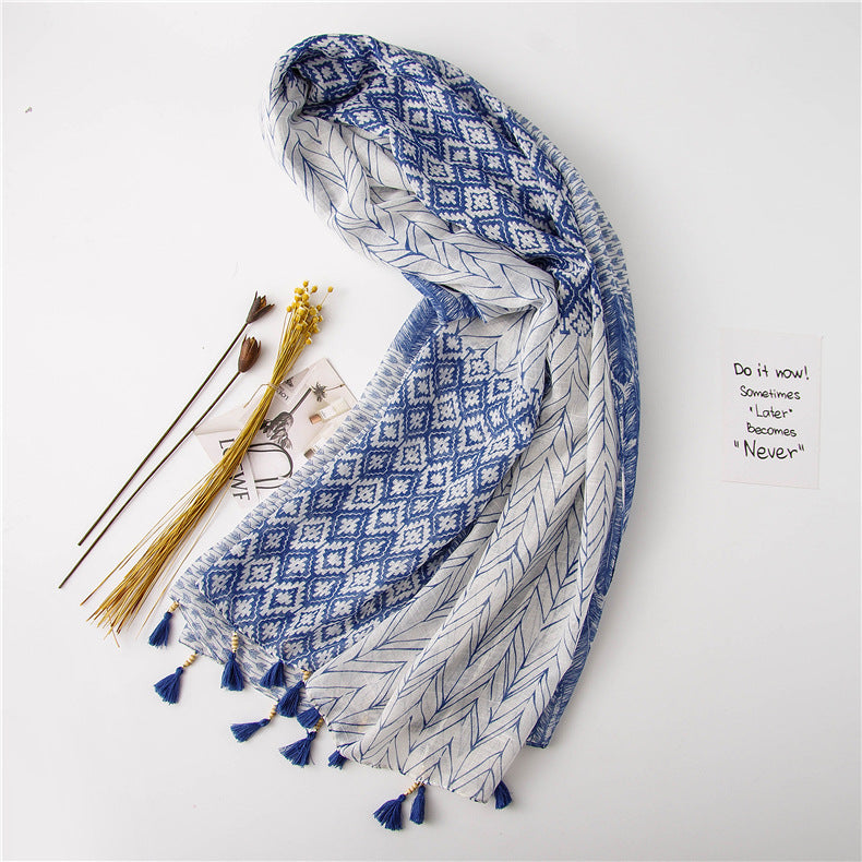 Multipattern blue long scarf with beaded tassels