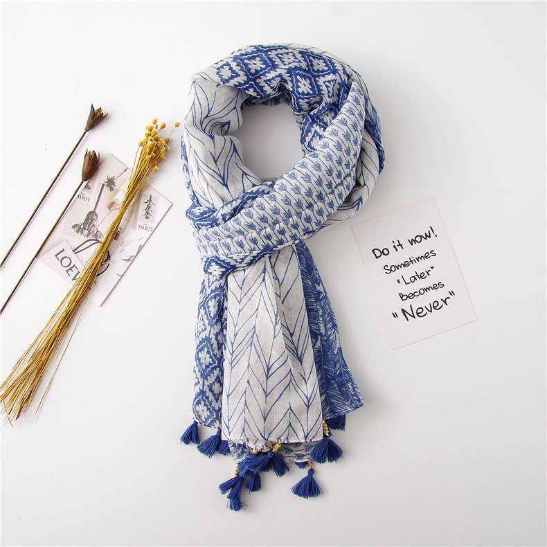 Multipattern blue long scarf with beaded tassels