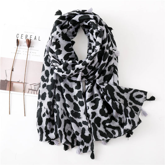 Large leopard print scarf with tassels