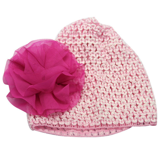 Pink chiffon flower stretch baby hat