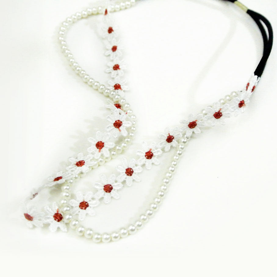 Forest daisy flowers white pearls elastic headband