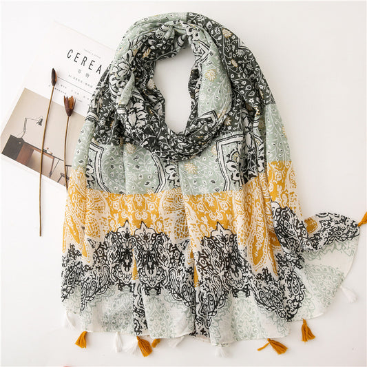 Multipattern green black long scarf with tassels