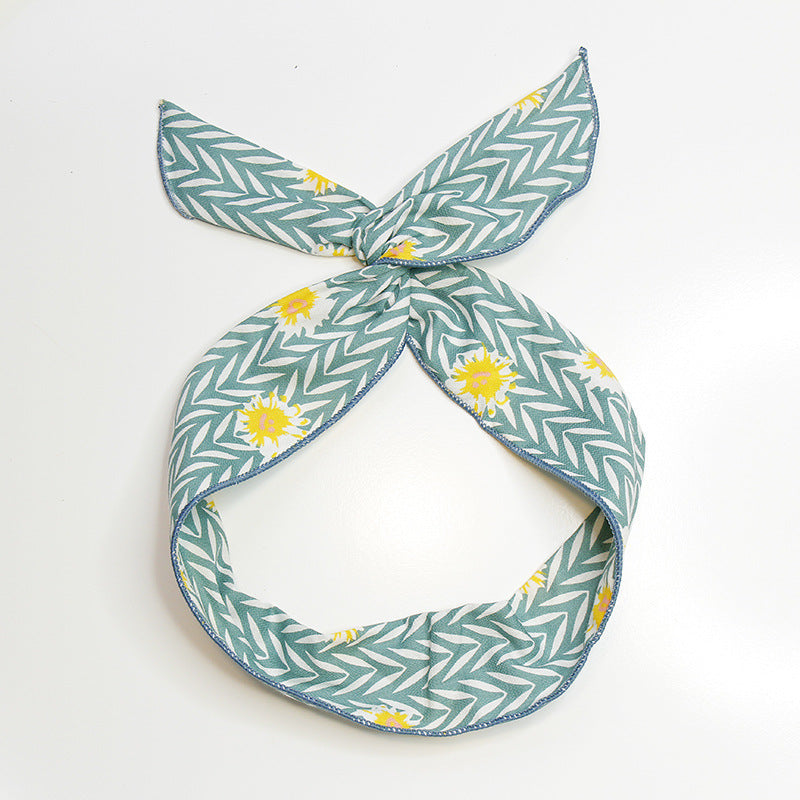 Cotton twist hair scarf in leaves & yellow flowers printing