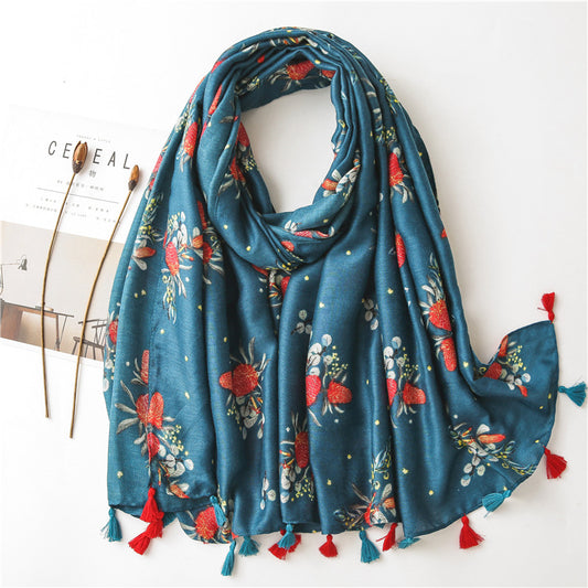 Red flowers print teal thick long scarf with tassels