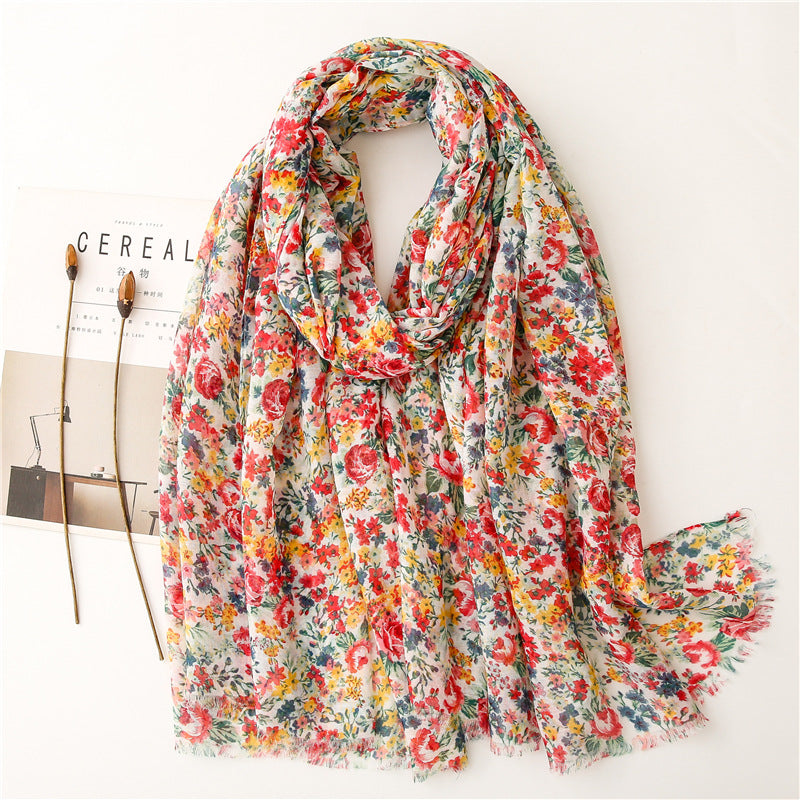 Red country flowers print fringed scarf