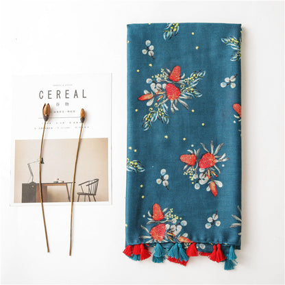 Red flowers print teal thick long scarf with tassels