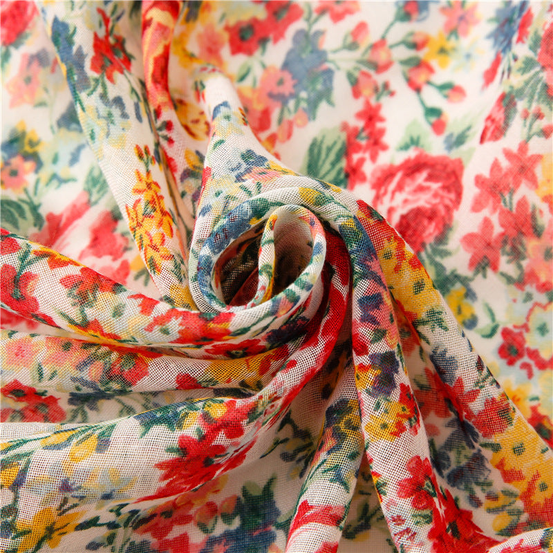 Red country flowers print fringed scarf