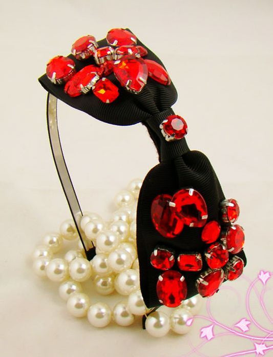 Stunning red gems studded black bow headband