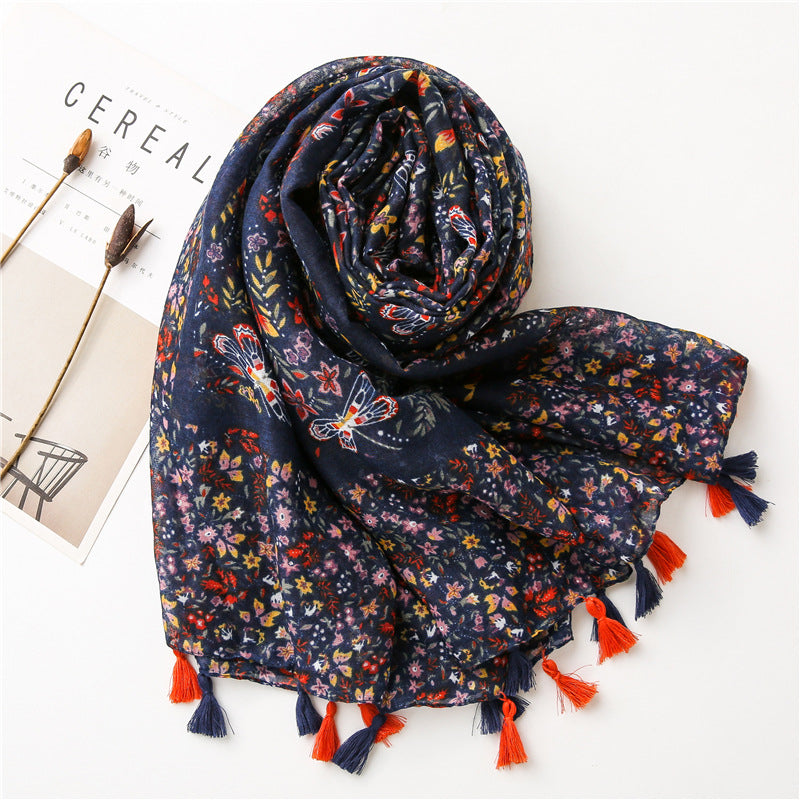 County flowers print navy long scarf with tassels