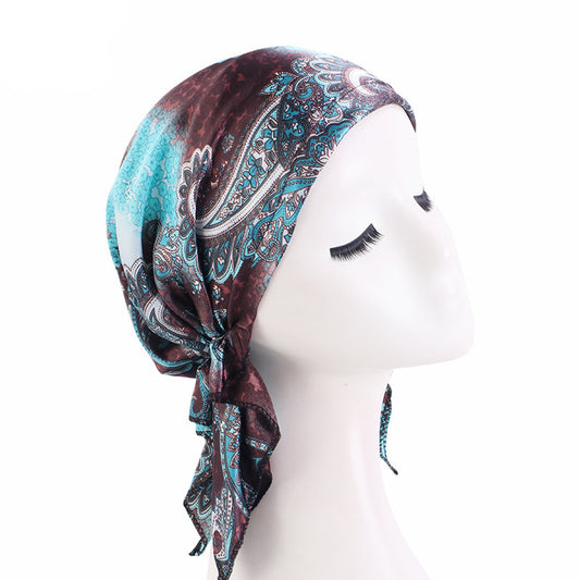 Multi-coloured satin hair cap with tail