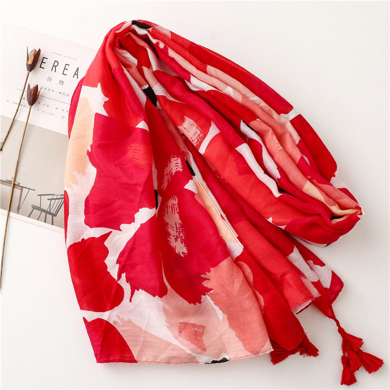 Large red floral scarf with tassels