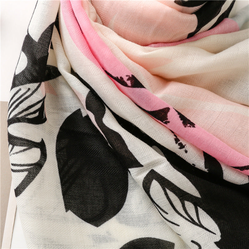 Black pink floral scarf with tassels